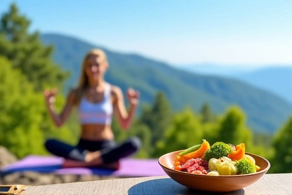 Person beim Yoga und gesunde Ernährung