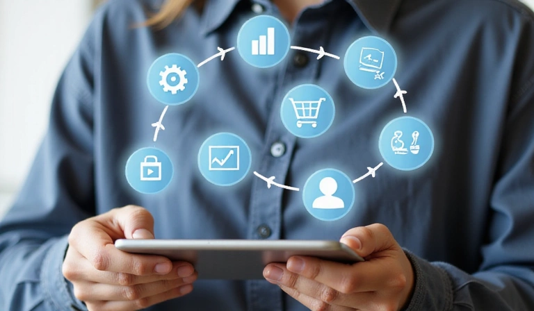 Eine Person, die auf einem Tablet surft, umgeben von schwebenden Symbolen, die verschiedene Arten von Cookies darstellen (z.B. Zahnrad für Funktionalität, Diagramm für Analyse, Einkaufswagen für Werbung).